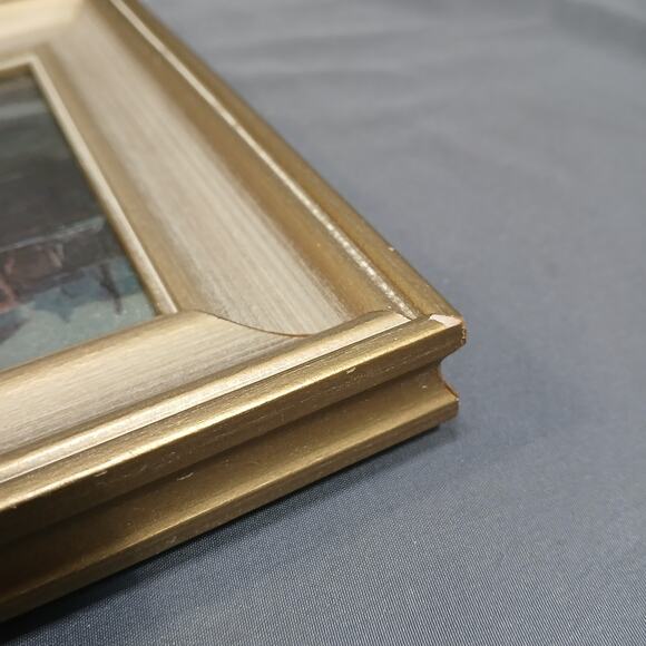 Vtg Framed Foil Art Print Schooner Sailboat Nautical Port Scene 11x9" Gold Frame - Picture 6 of 8